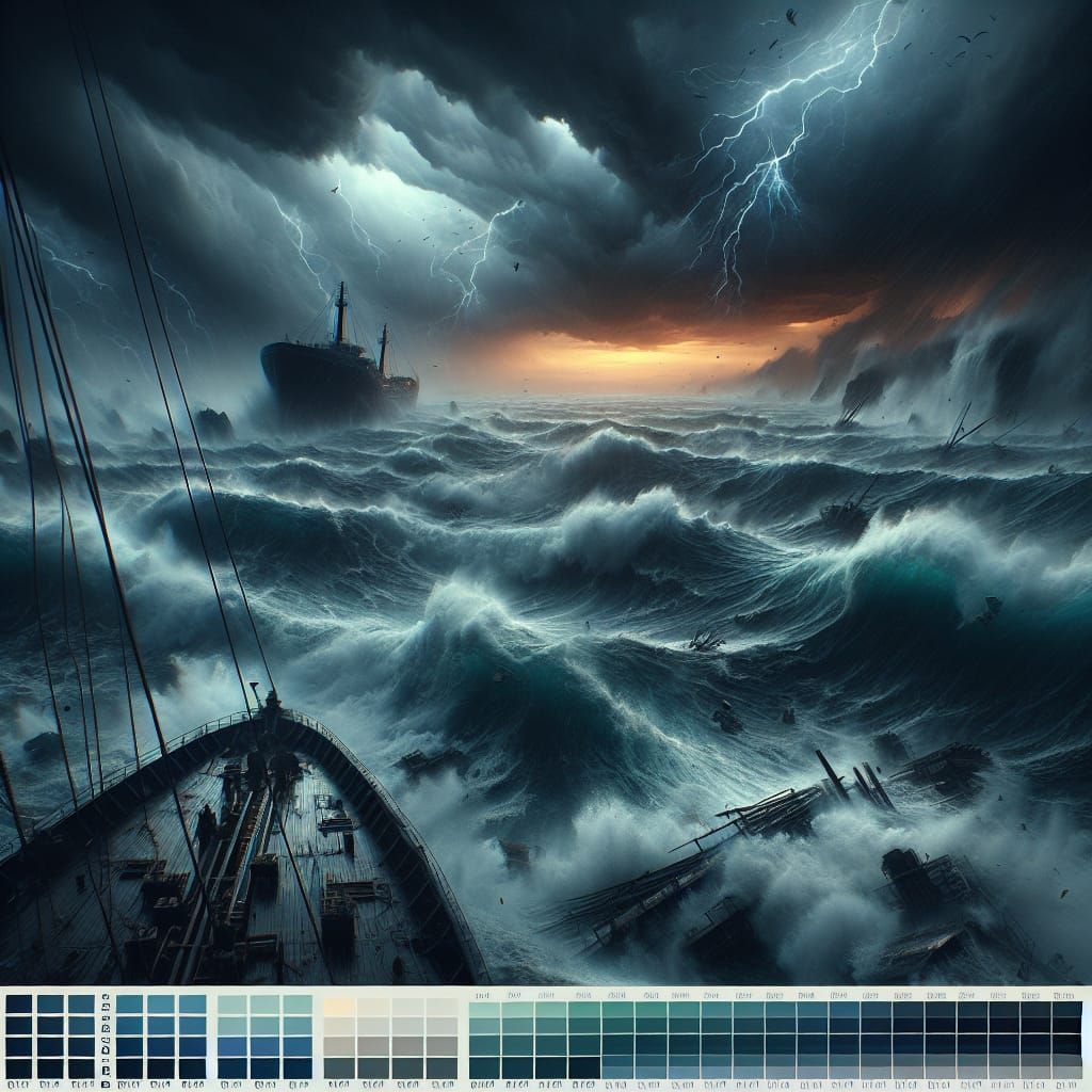Tempest: Giant Waves Engulf Ship in Dark Storm