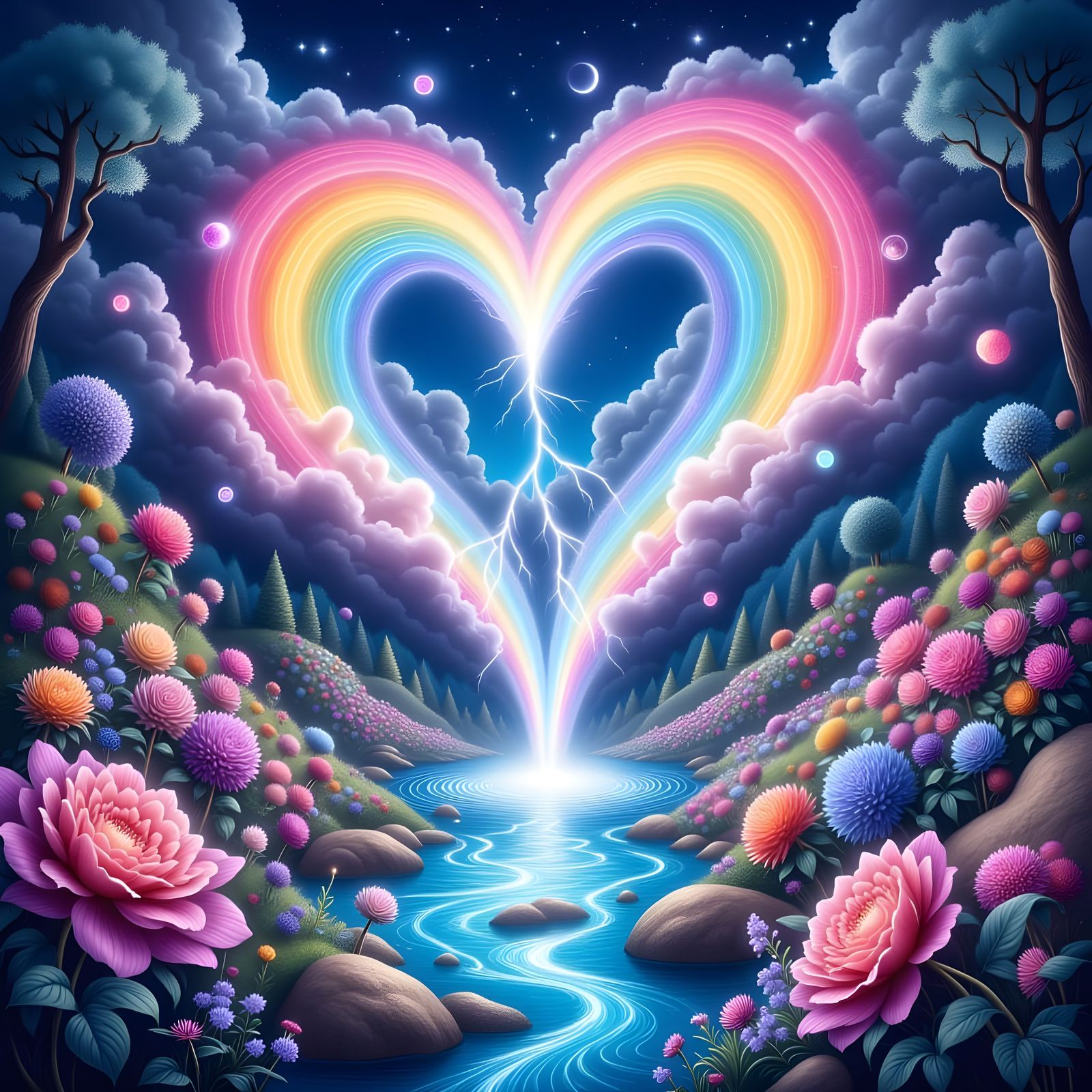 Heart Lightning Over Rainbow Waterfall in Dreamcore Style