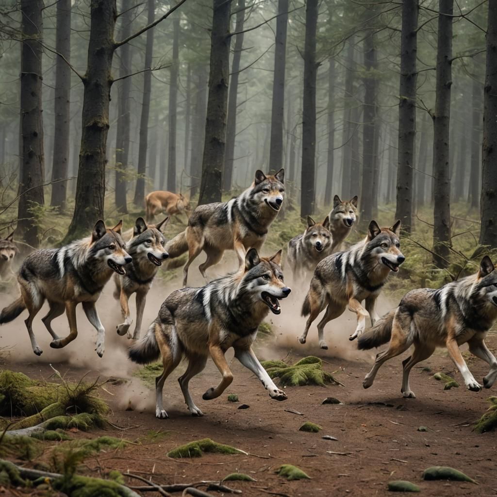 Wolves Hunting Deer Through Forest