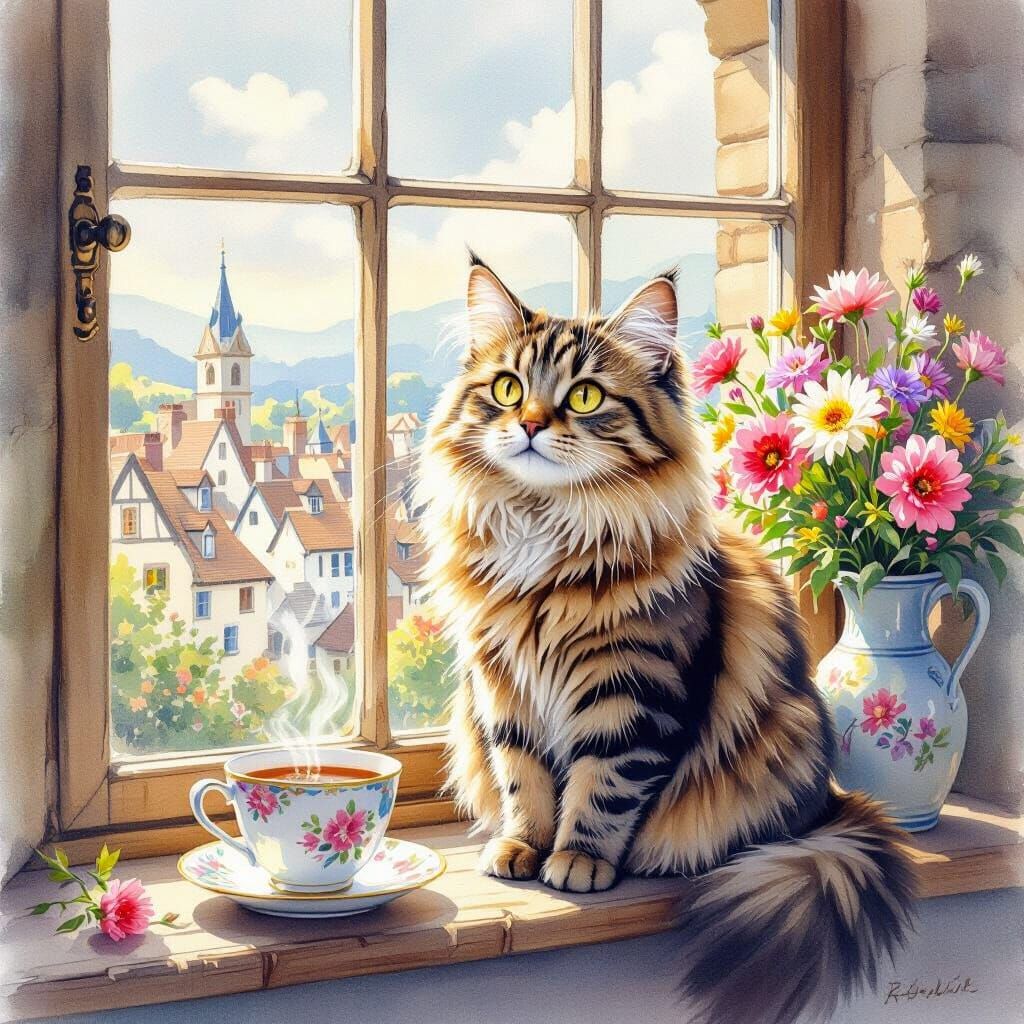 Tabby Cat on Windowsill in Cozy European Townscape