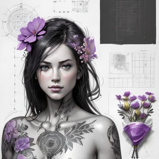 Floral Tattooed Nude: Futuristic Technical Concept Art