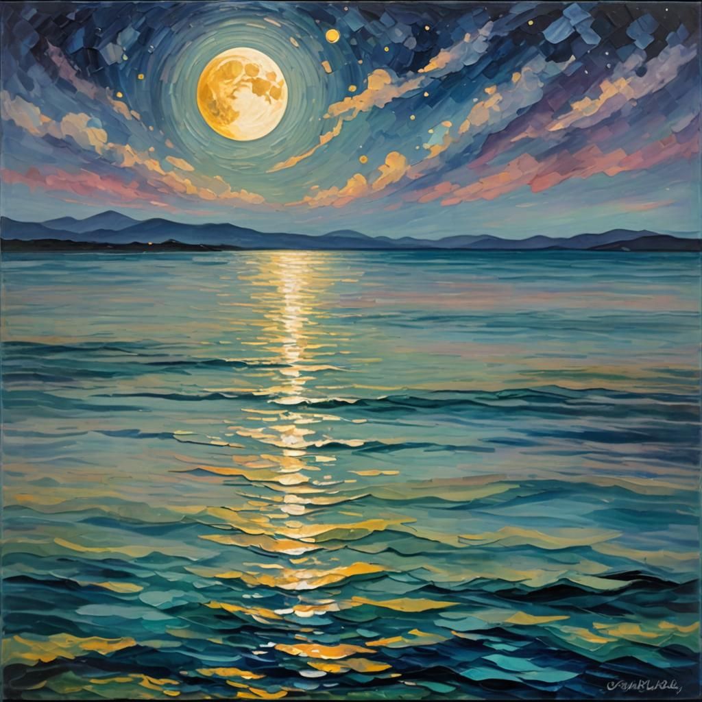 Moonlit Sea: Expressionist Oil Painting with Iridescent Refl...