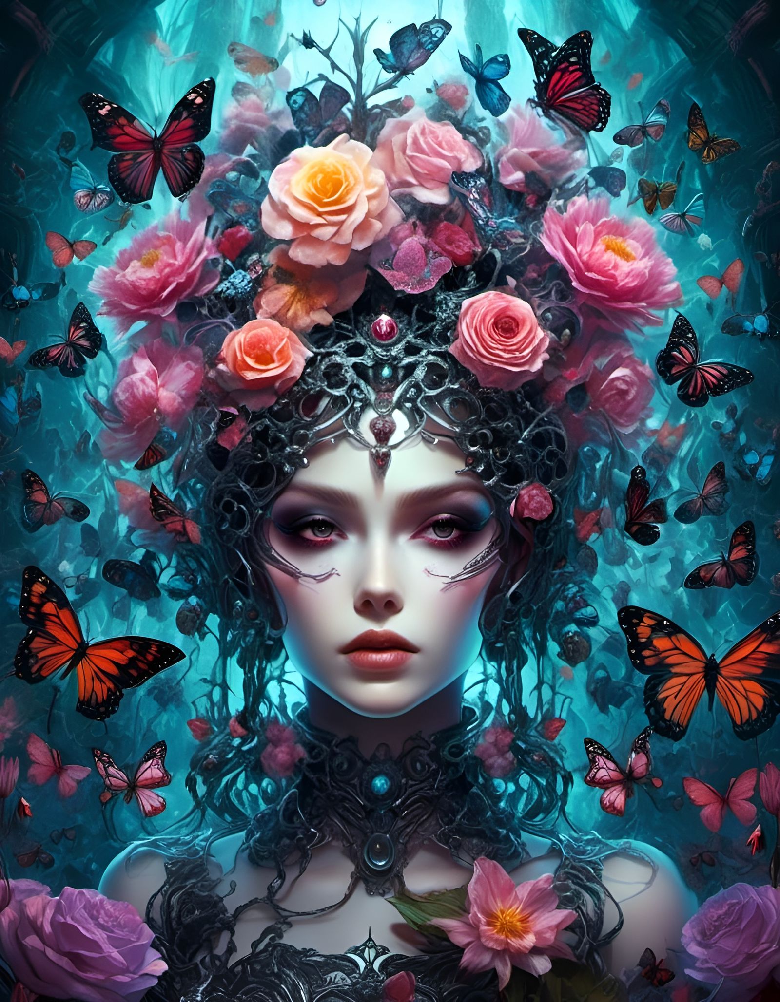 Fairycore Flower Made of Insects in Mixed Media Style