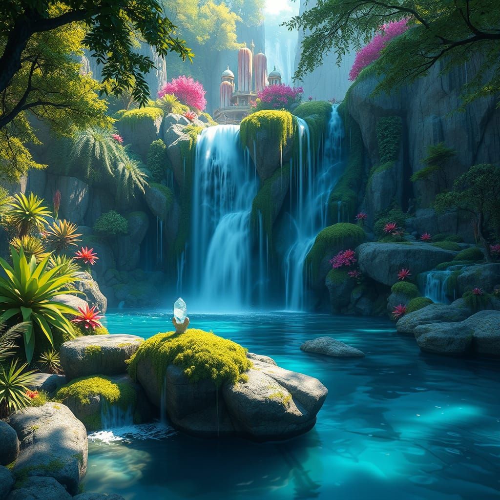 Crystal Waterfall Scene in Anime Style