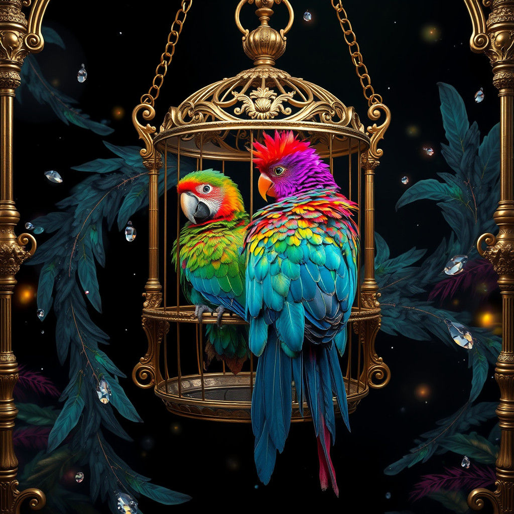 Exotic Birds in Gilded Cage, Surreal Matte Painting