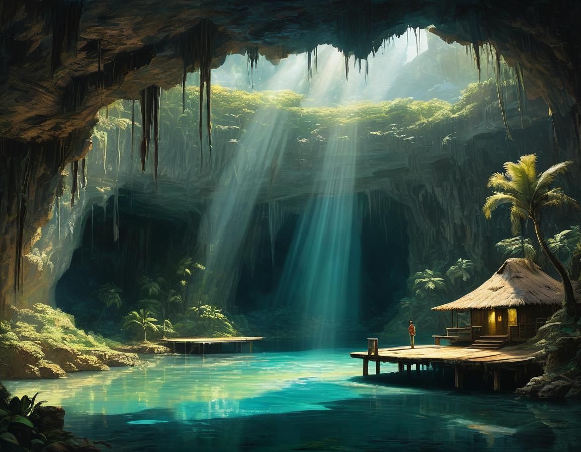 Sunlit Lagoon in Open Cave: An Oil Painting