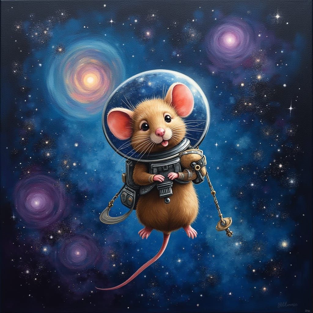 Whimsical Mouse Astronaut in Cosmic Nebula Painting