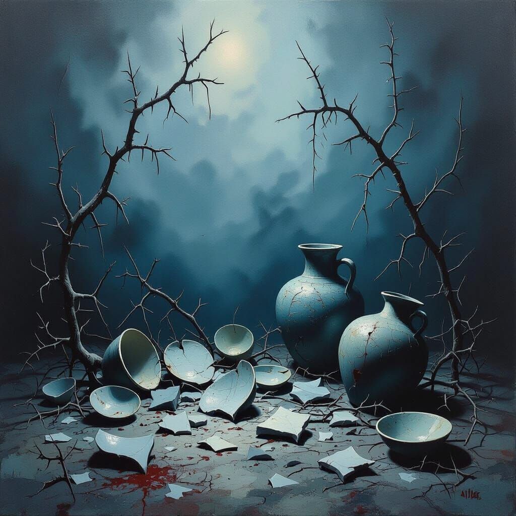 Surrealist Oil Painting of Broken Pottery and Thorns