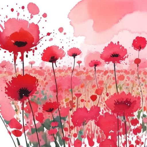 Vibrant Watercolor Field of Flowers with Ink Details
