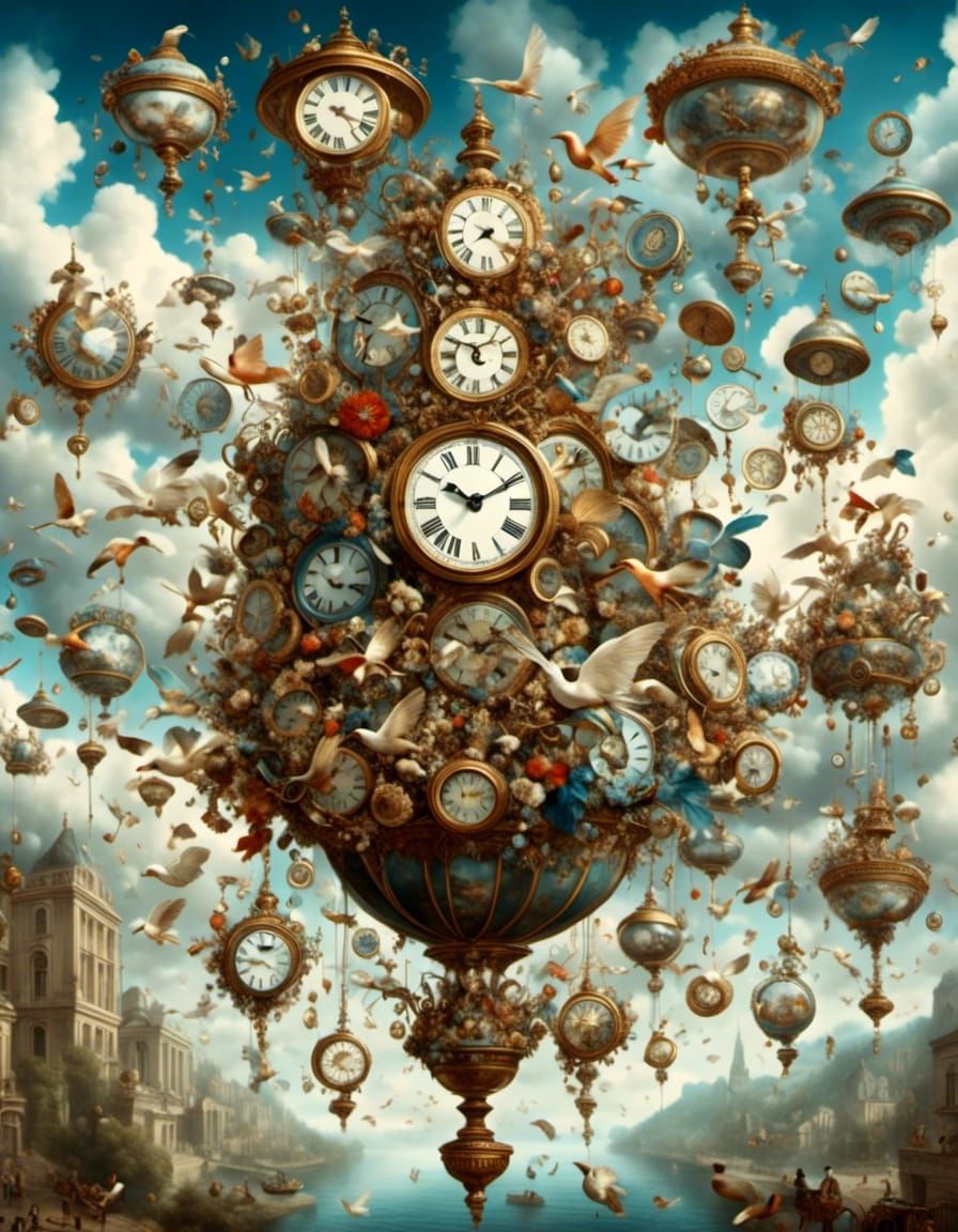 Flying Clocks in Clouds, Fantasy Poster Art