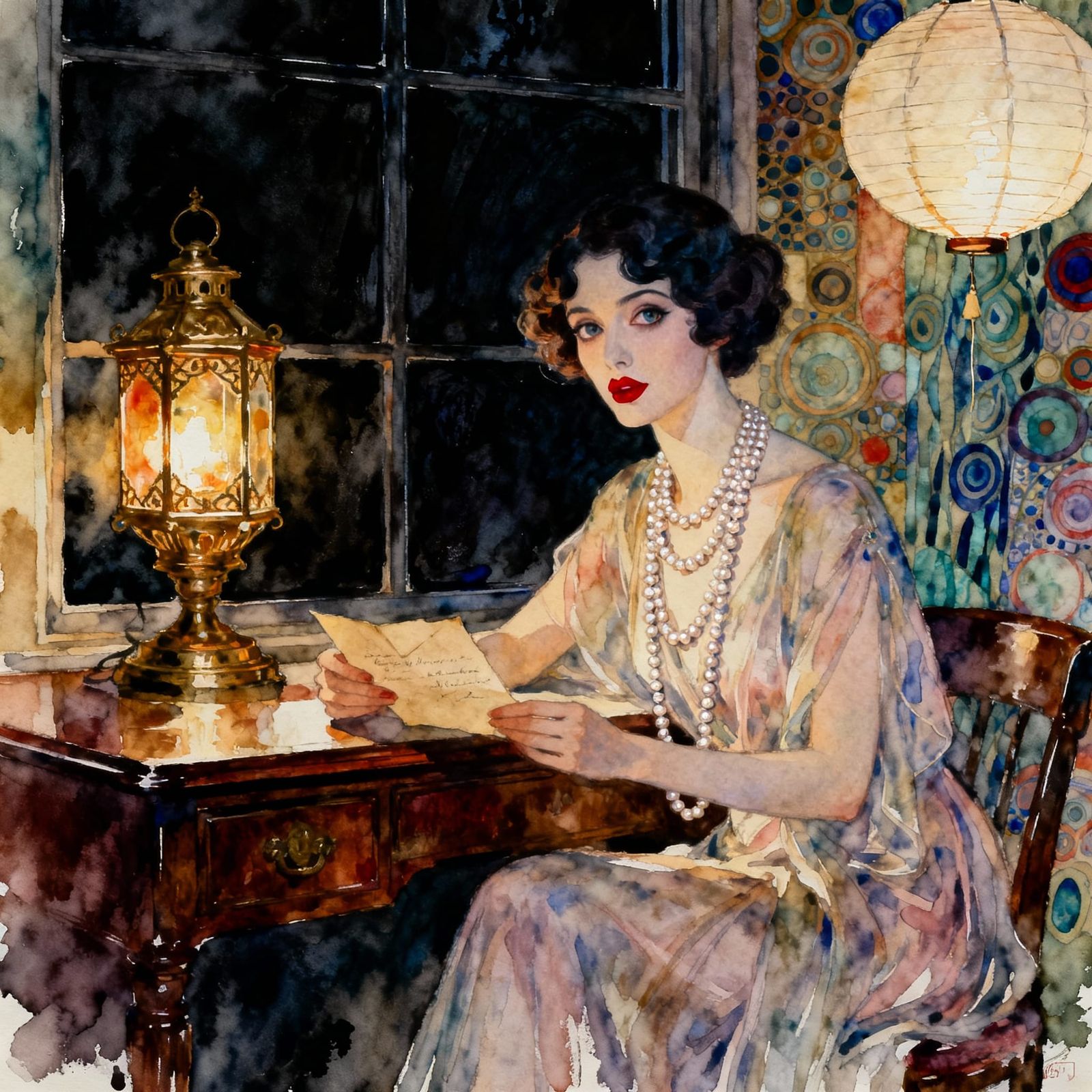 Elegant 1920s Woman Reads Letter by Lantern Light