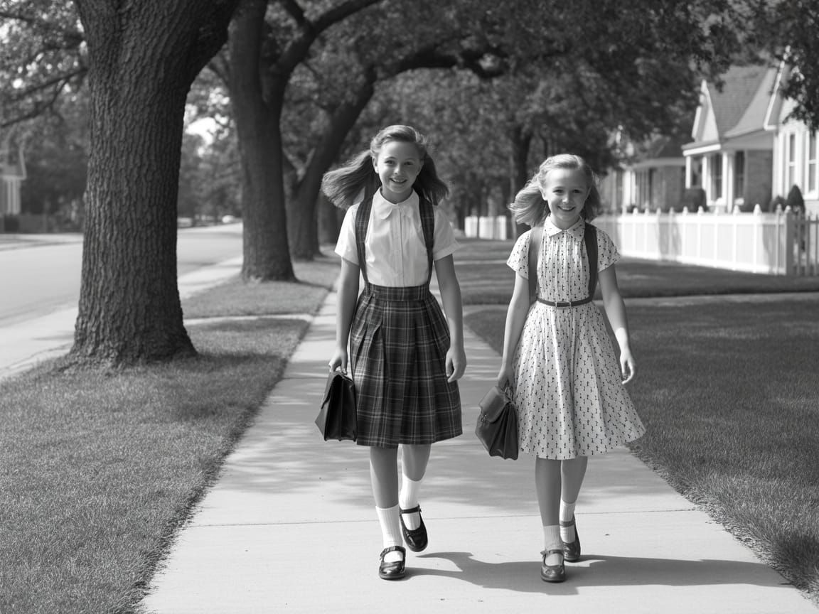 1950s Suburban Girls Walking to School