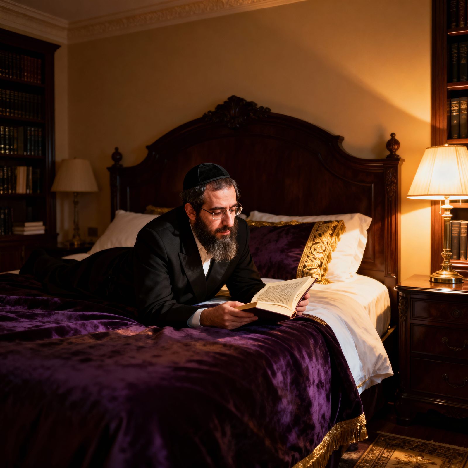 Haredi Man Reading in a Classic Bedroom, Rembrandt Style