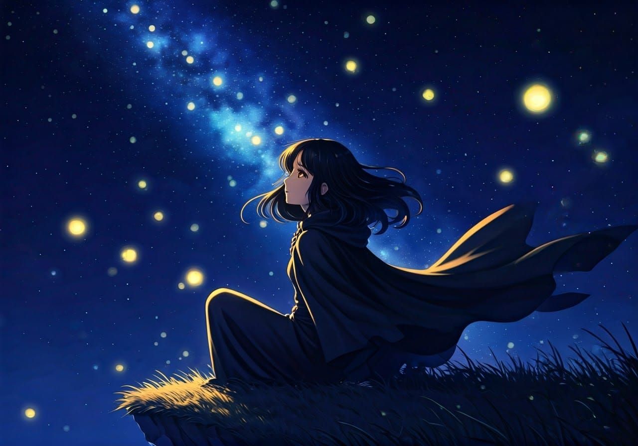 Mystical Woman Gazing at Stars, Digital Matte Painting