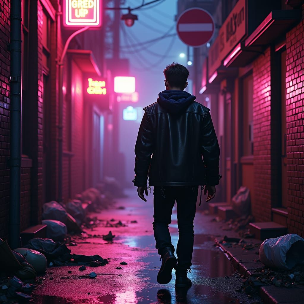 Cyberpunk Alleyway Scene with Neon Reflections