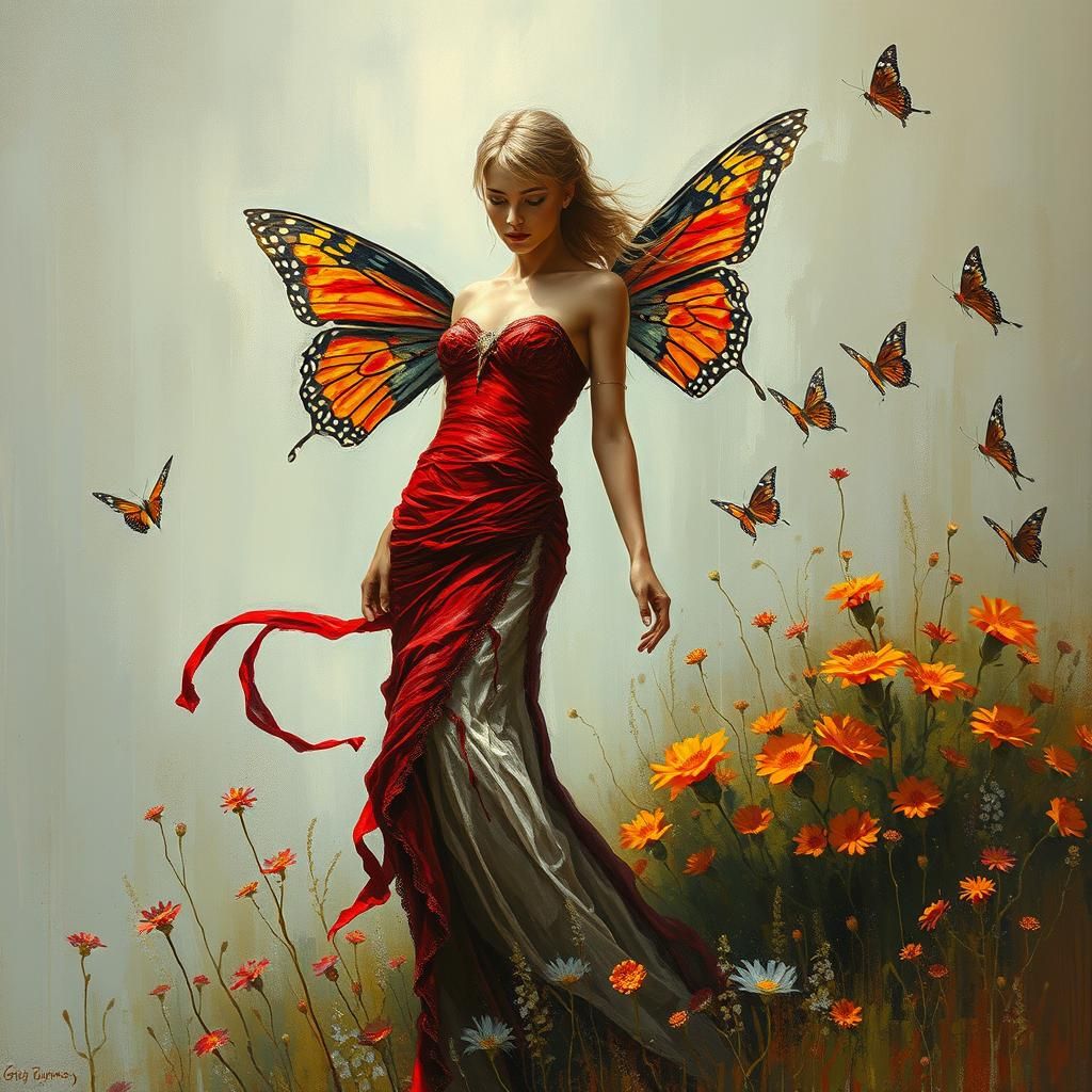 Crimson Dress in Butterfly Garden: Oil Painting