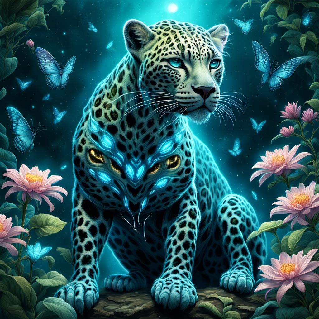 Bioluminescent Alien Leopard in Ethereal Garden
