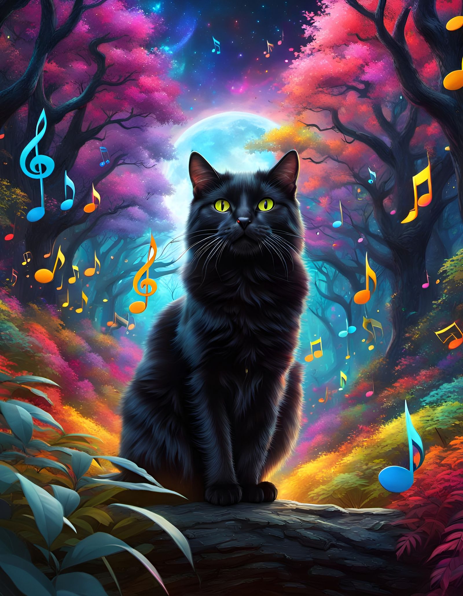 Black Cat in Fantasy Forest Digital Painting