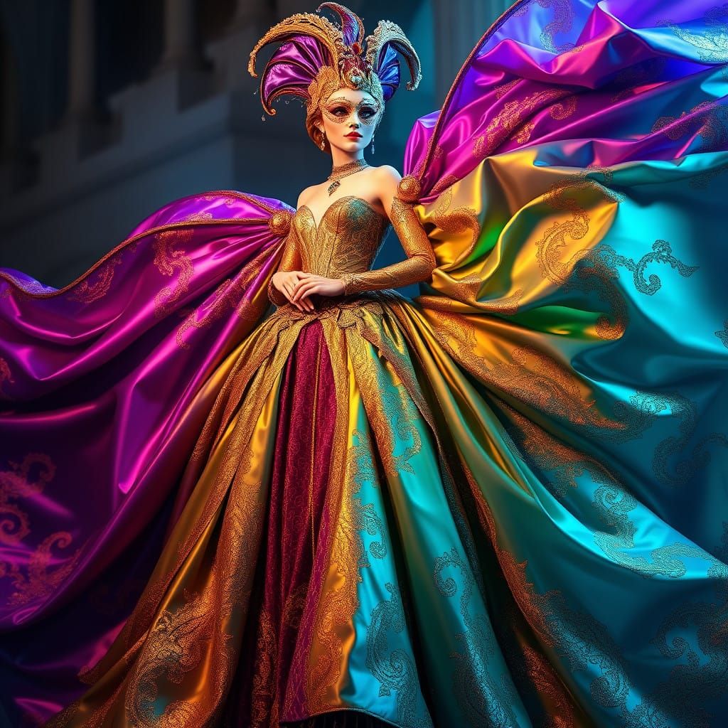 A Carnival Princess in Resplendent, Kaleidoscopic Gown