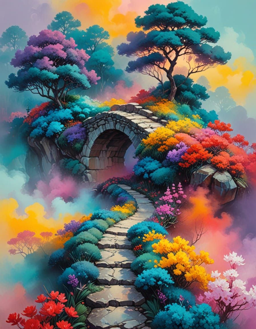 Vibrant Forest Path in Whimsical Australian Oil Painting
