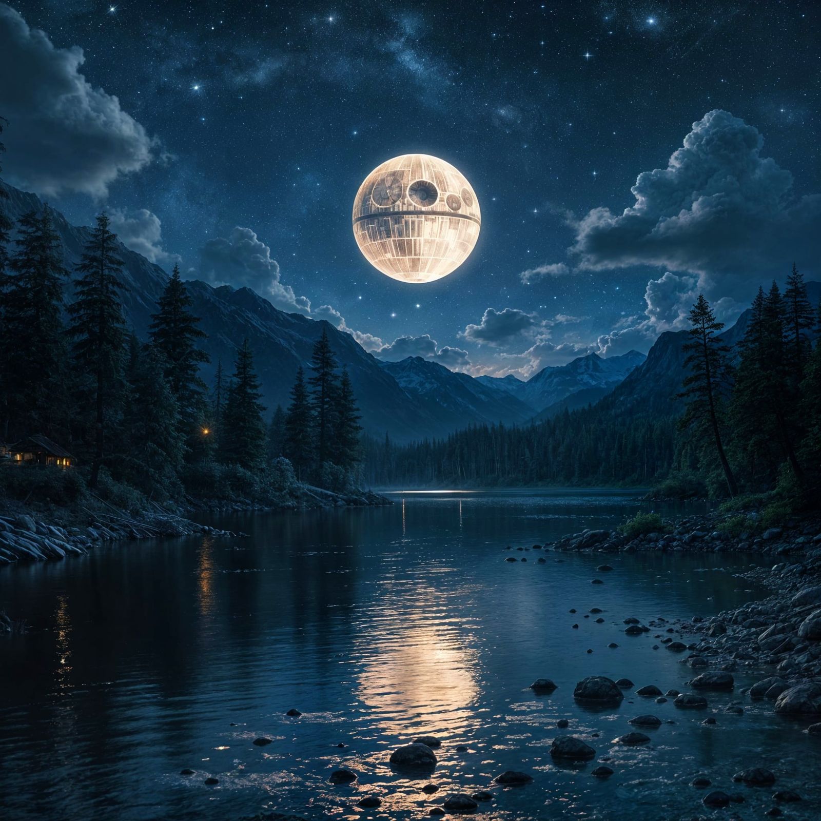 Death Star Over Lake at Night