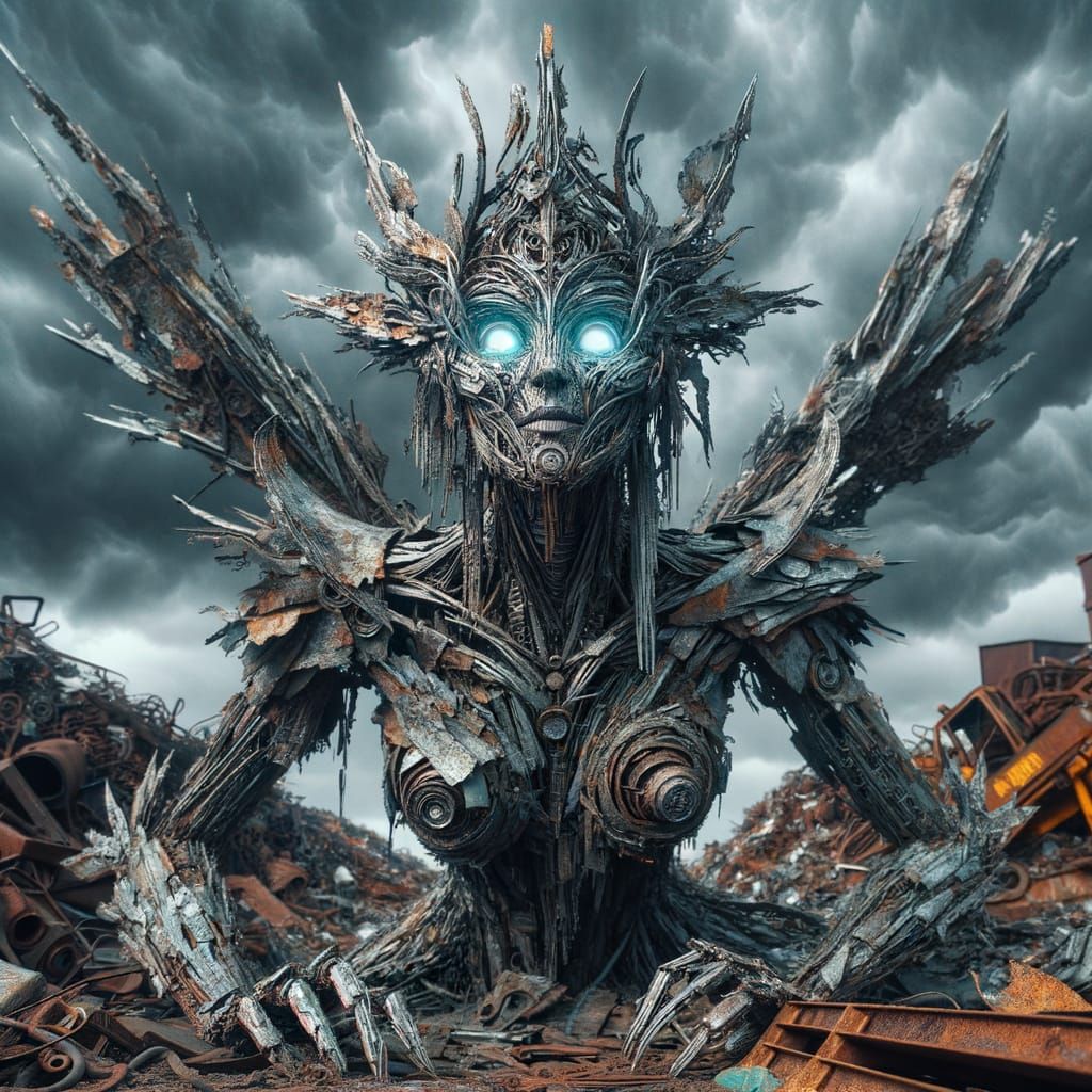Iron Godmother in Scrap Yard Under Stormy Sky