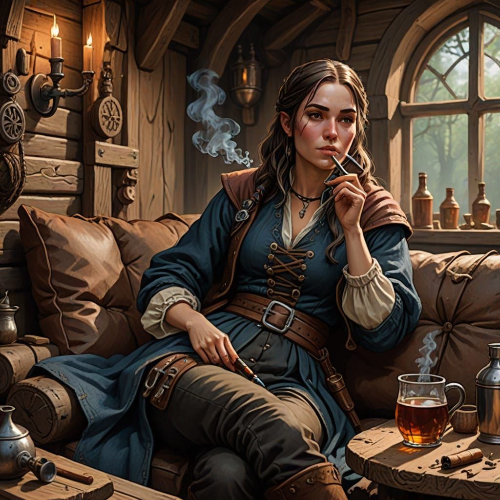 Rogue Enjoying Pipe in Medieval Tavern