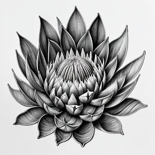 Detailed Botanical Ink Sketch of a Protea Flower