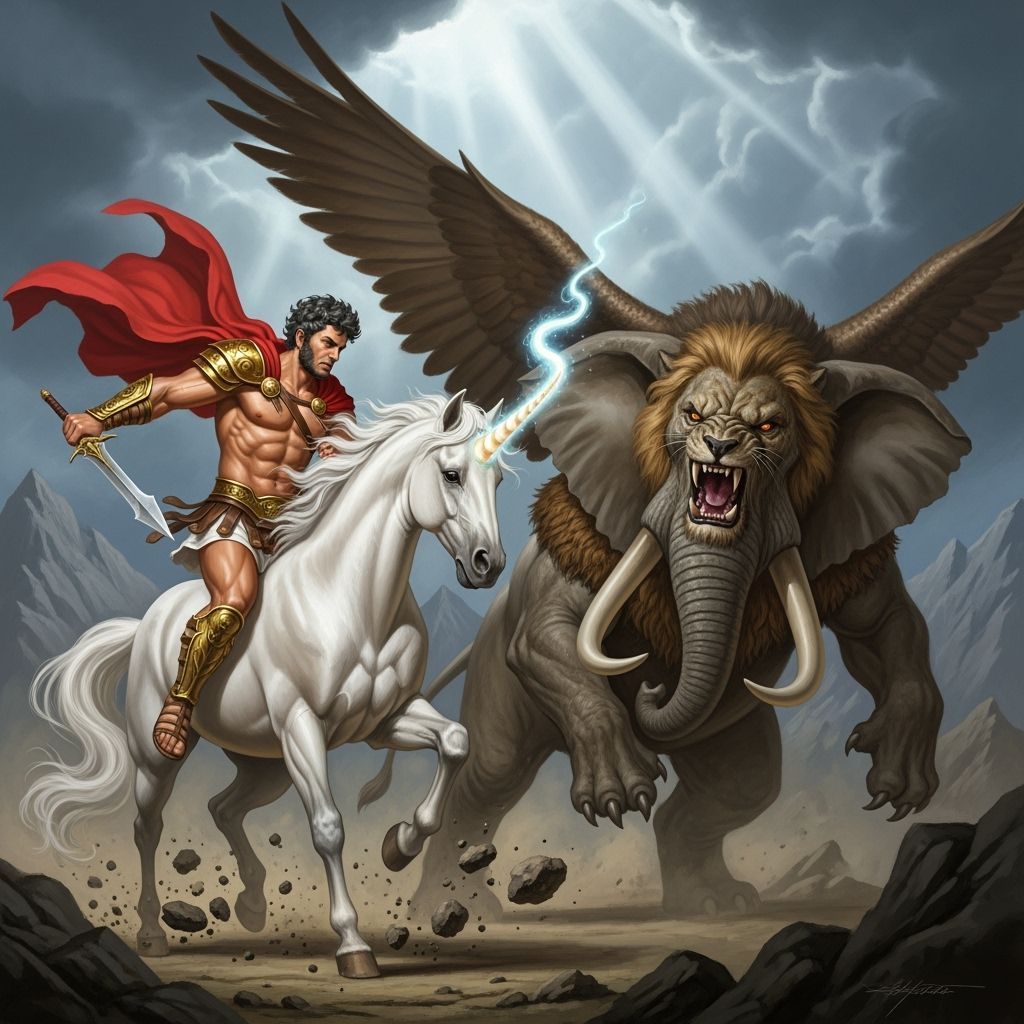Greek Hero Theseus Battles Chimera on Unicorn