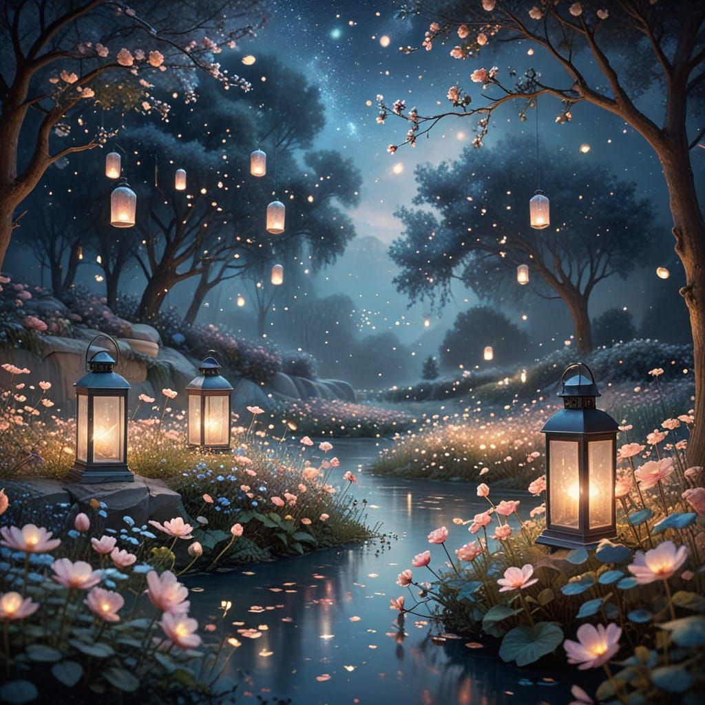 Magical Garden with Lanterns in Pastel Watercolor Style