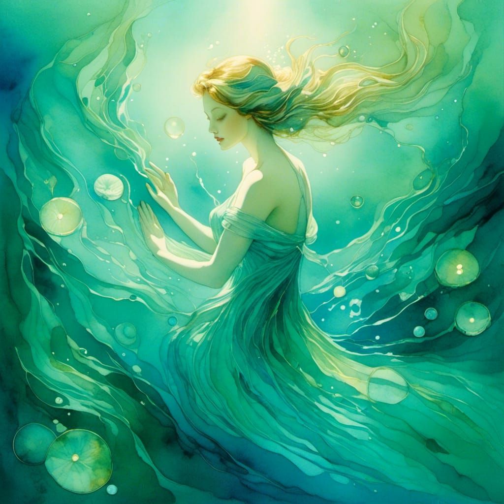 Bioluminescent Water Nymph in Vintage Watercolor Style