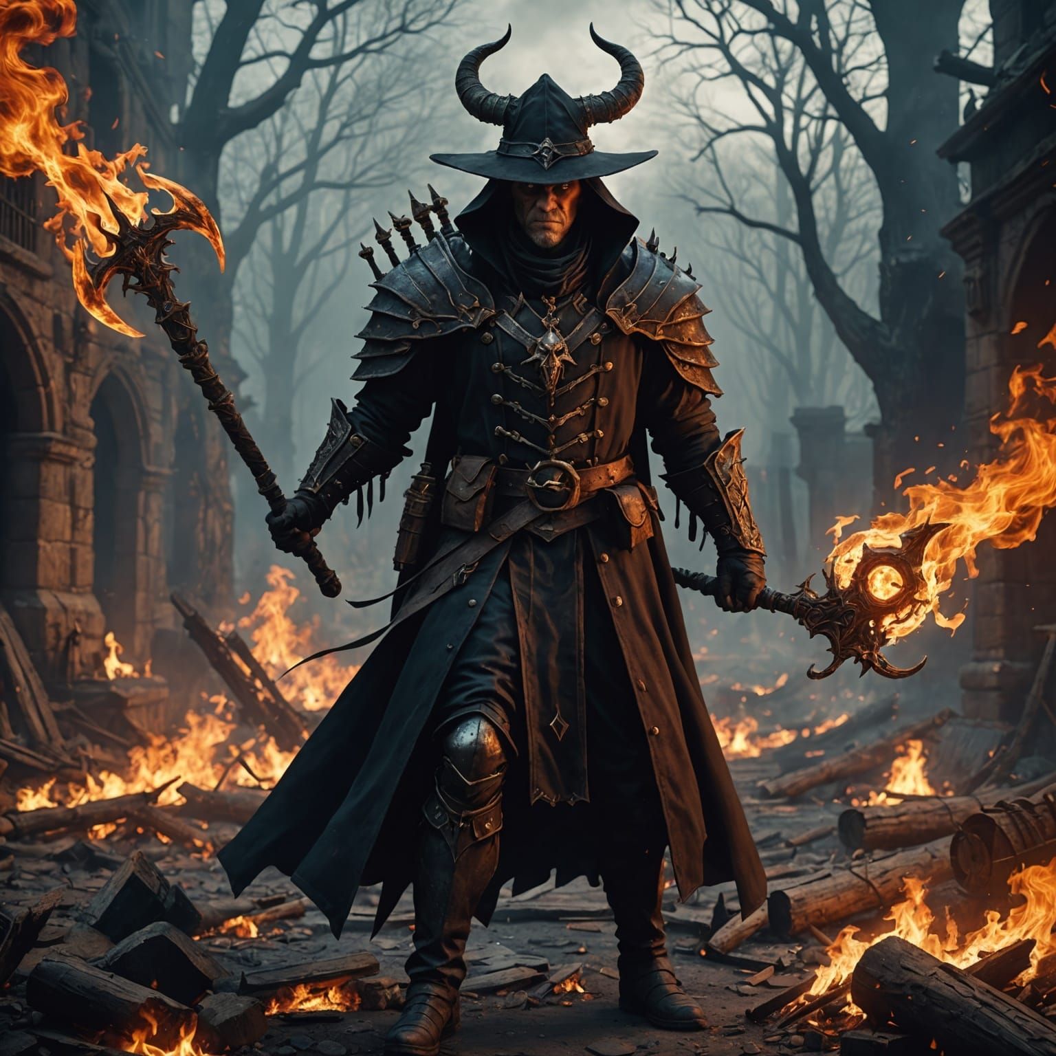 Fantasy Witch Hunter with Magic and Fire, Detailed Digital A...