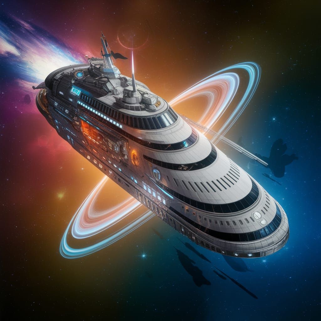 Cosmic Cruise Ship in Holographic Illustration