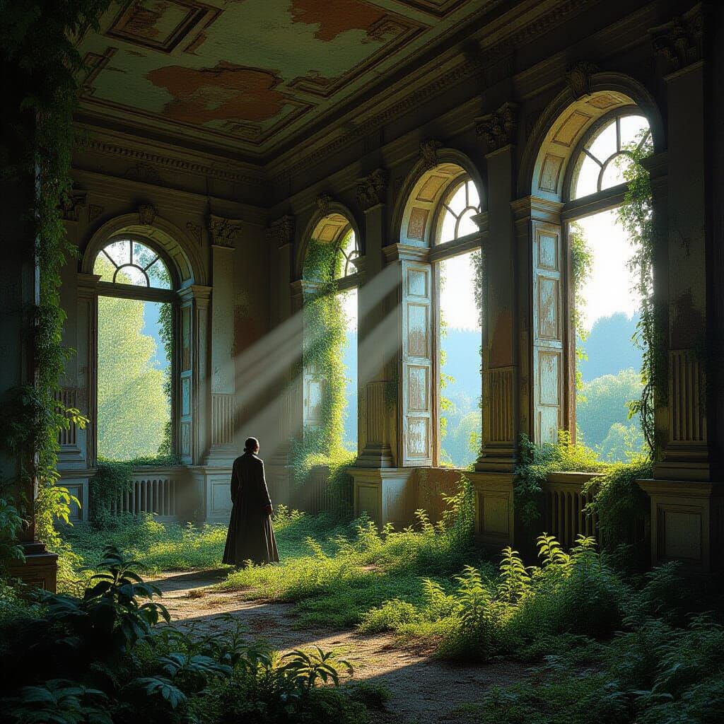 Lone Figure in Overgrown Italian Villa, Dramatic Light