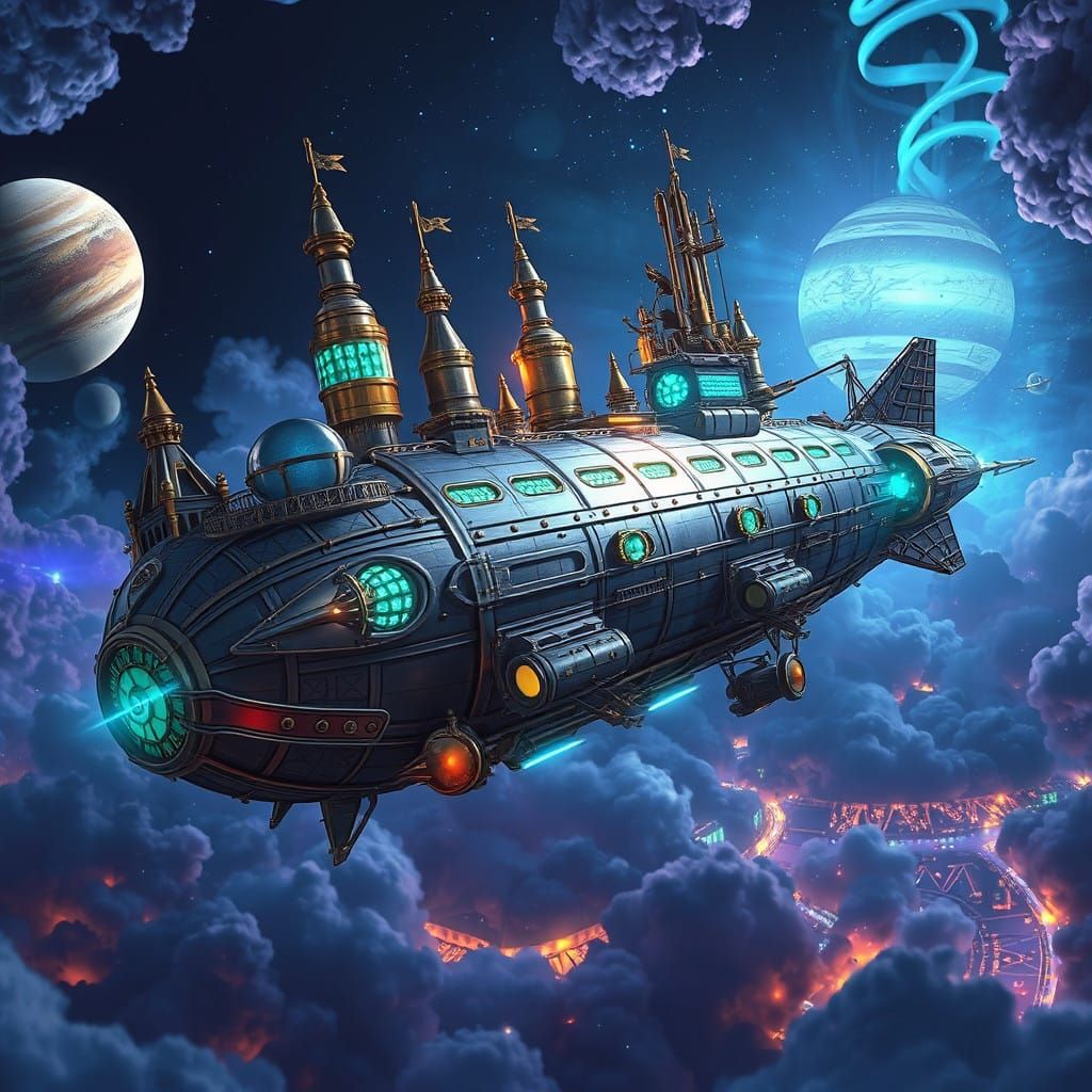 Surreal Steampunk Airship Soars Through Celestial Skies in S...