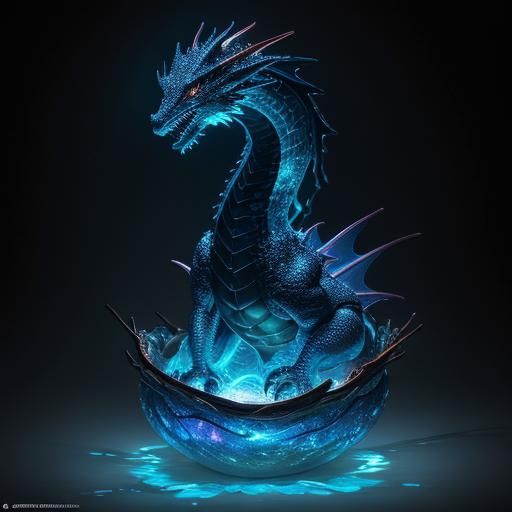 Iridescent Glass Dragon in Nest Against Galaxy Sky