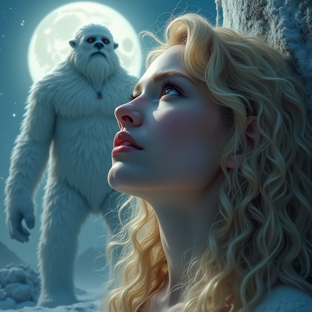 Woman and Abominable Snowman in Surreal Matte Painting