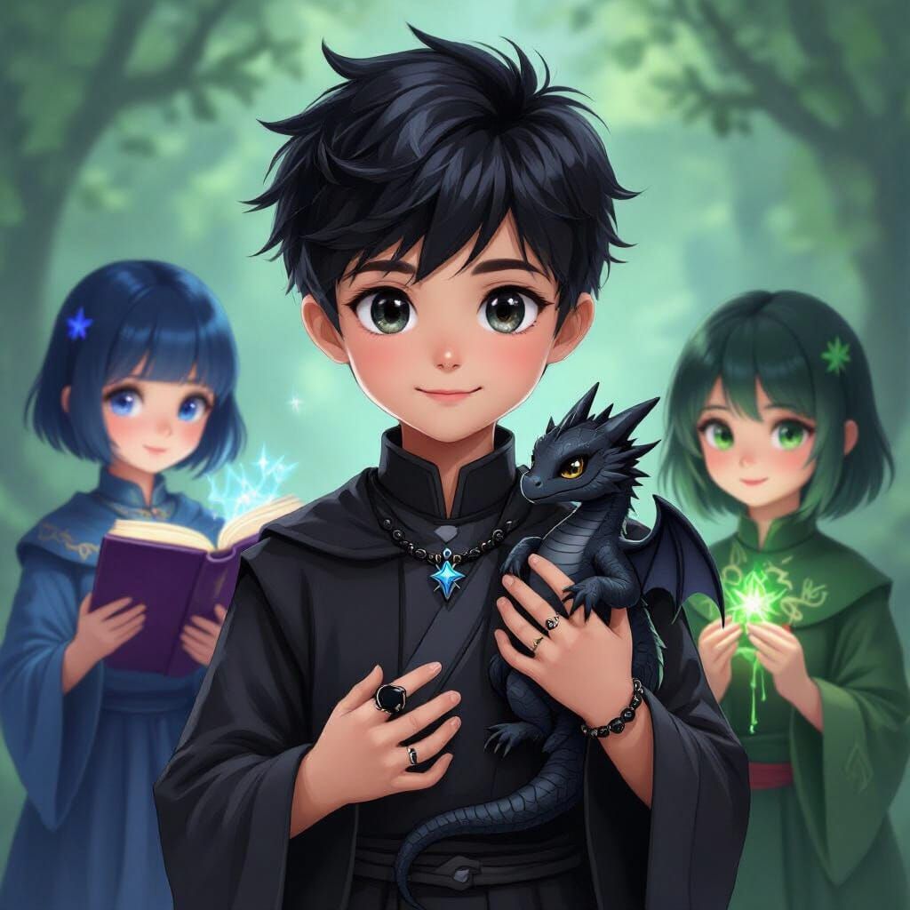 Fantasy Concept Art: Boy with Dragon and Magical Girls