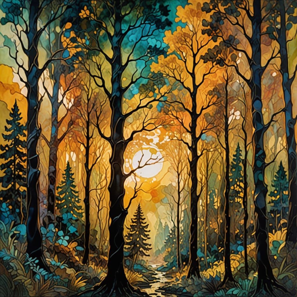 Iridescent Forest Silhouette in Abstract Expressionism