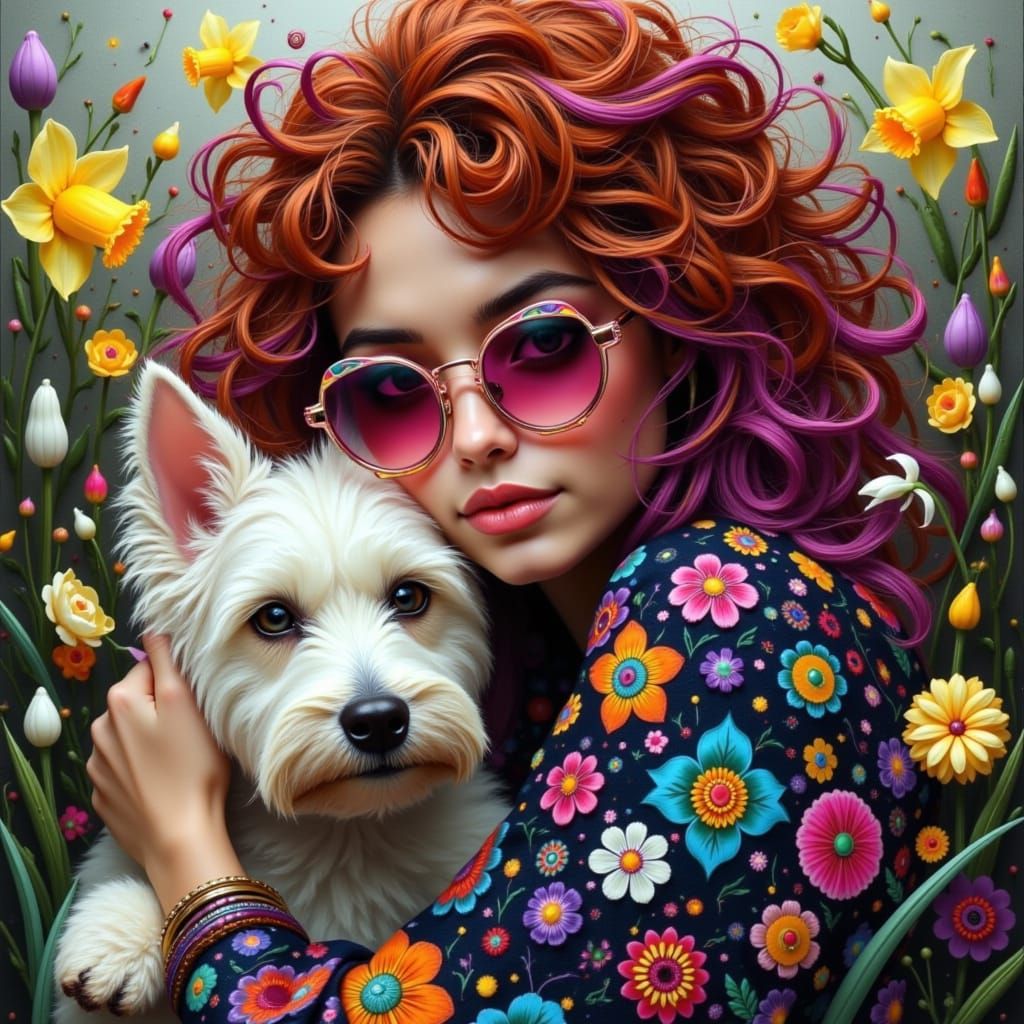 Colorful Hippy Woman with Dog in Impasto Style