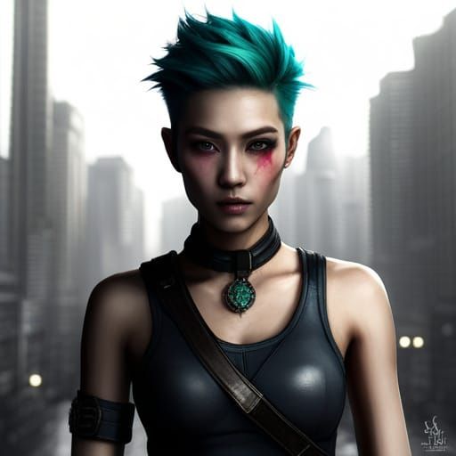 Cyberpunk Androgynous Woman in Dystopian Undercity