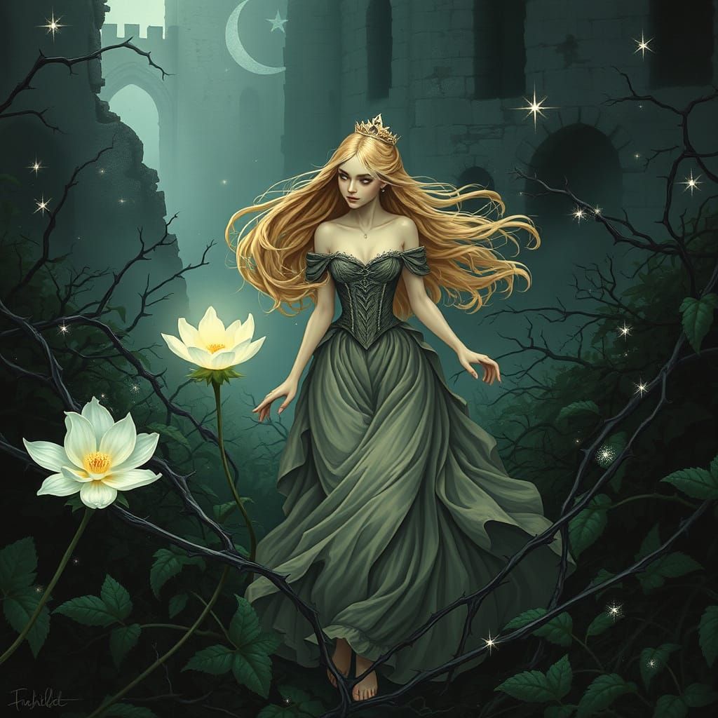 Ethereal Princess Flees Dark Castle Garden in Whimsical, Dre...