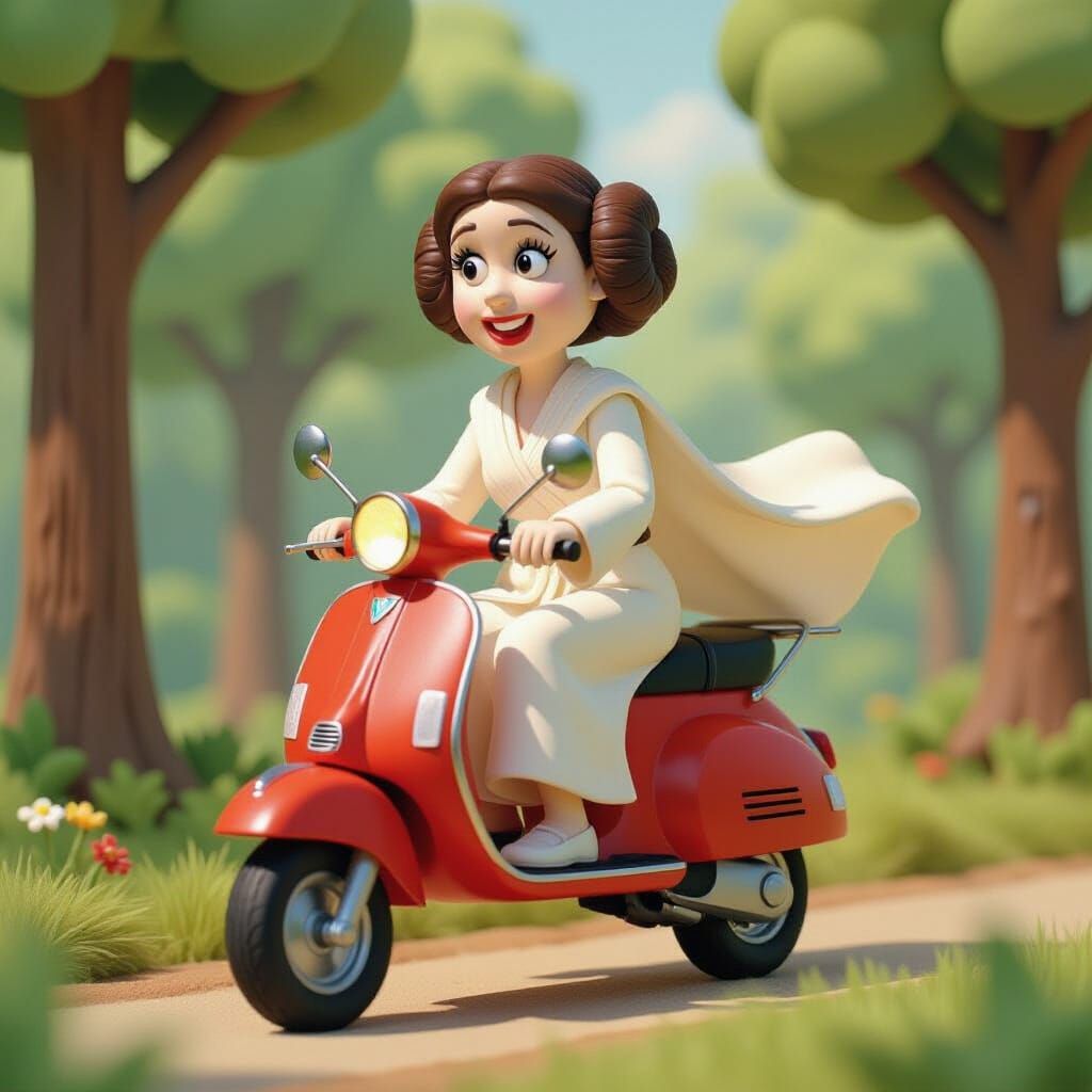 Princess Leia Rides Vespa in Claymation Style