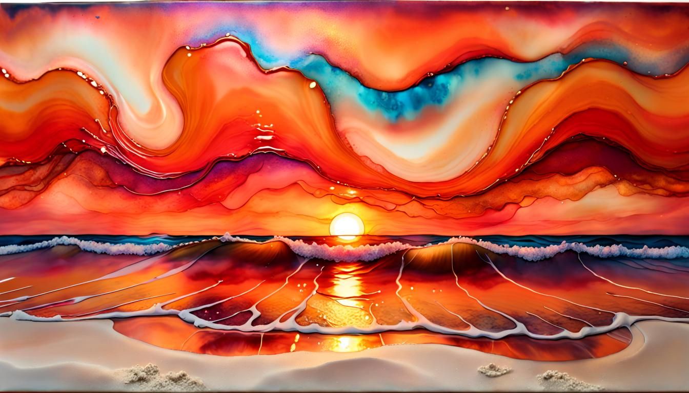 Encaustic paint texture and alcohol ink flow art capturing a sandy shoreline at dusk. Beautiful orange/red sunset. Atmos...