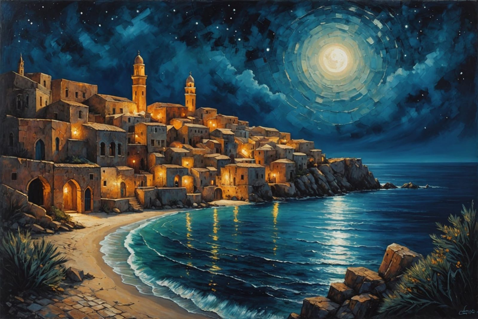 Moonlit Mediterranean Town Acrylic Painting