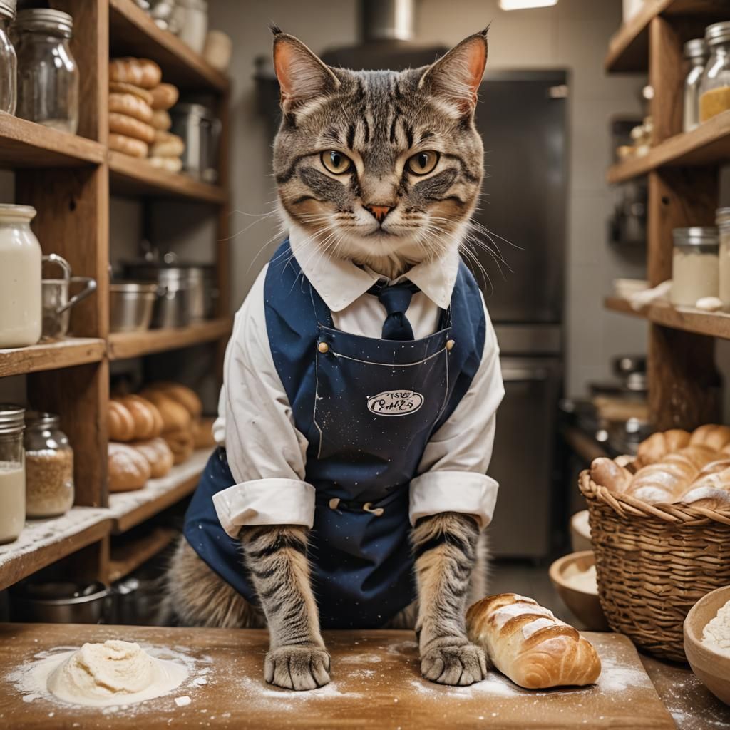 Baker Cat Kneading Dough in Bakery Kitchen