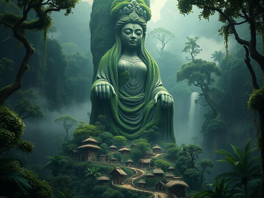 Mystical Jungle Goddess in Lush Landscape