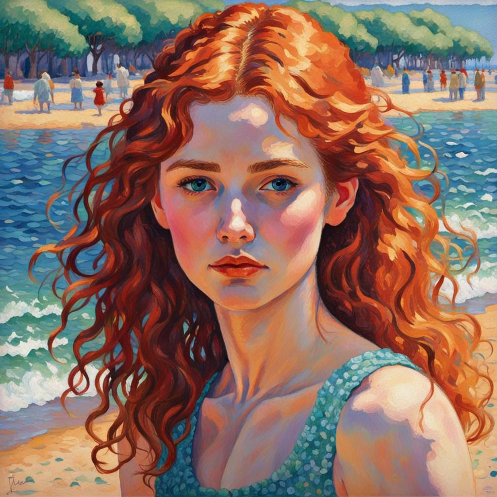 Auburn Beauty by the Sea: A Pointillist Portrait