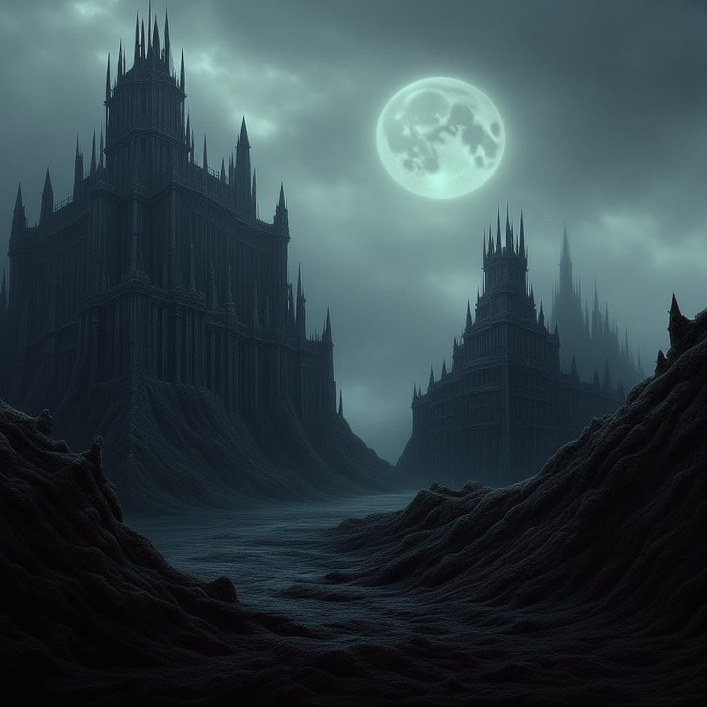 Ethereal Moonlit Castle Amidst the Misty Mountains