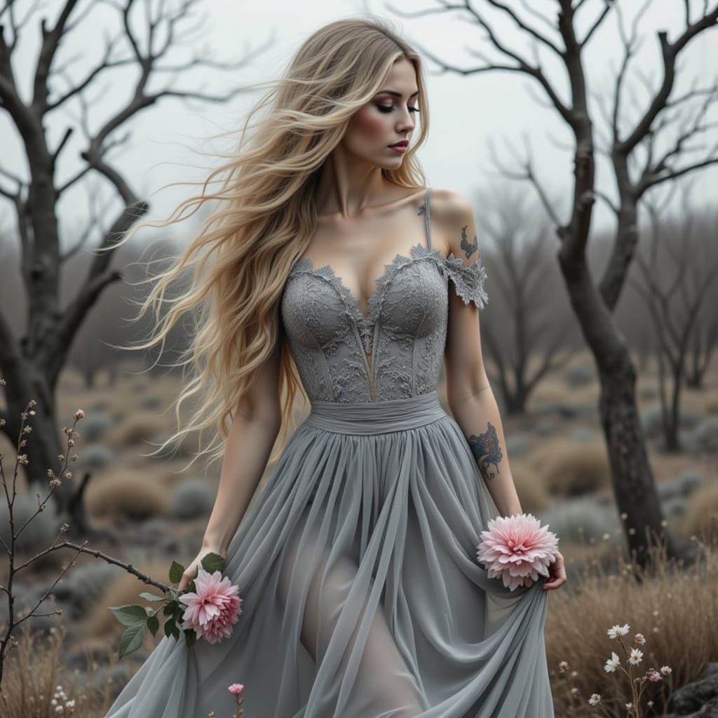 Ethereal Woman in Desolate Landscape with Flowers